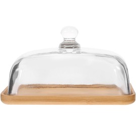 Butter Dish with Glass Lid- 18X12X10CM Clear Butter Tray for Refrigerator& Counter for Butter, Block of Cream Cheese& Serving Dish (Wood Tray)