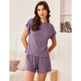 Ekouaer Pajamas Set for Women 2 Piece Pjs Ribbed Knit Lounge Set Cap Sleeve Loungewear Sleepwear Purple L