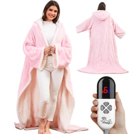 Klaggie Wearable Heated Blanket with Foot Pocket Sleeves, Heated Robe Heated Snuggie, 6 Heating Levels 4 Hours Auto-Off, Overheat Protection Machine Washable, 50”x70”, Pink