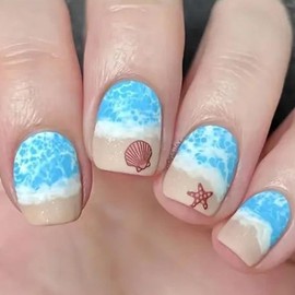 24Pcs Blue Ombre Fake Nails Summer Beach Press on Nails Glossy French Tips Stick on Nails Short Square Full Cover Acrylic Shell Starfish False Nails Gel Glue on Fingernails for Holiday Manicure Art