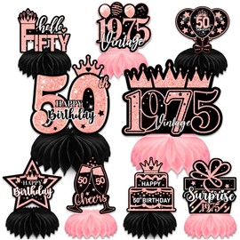 YUEcthynous Decoration 50th Birthday Women, 9 Pieces 50 Rose Gold Pink Honeycomb Centrepiece Table Decoration Birthday Decoration 50 Women Honeycomb Centre Piece, 50th Birthday Party Decoration