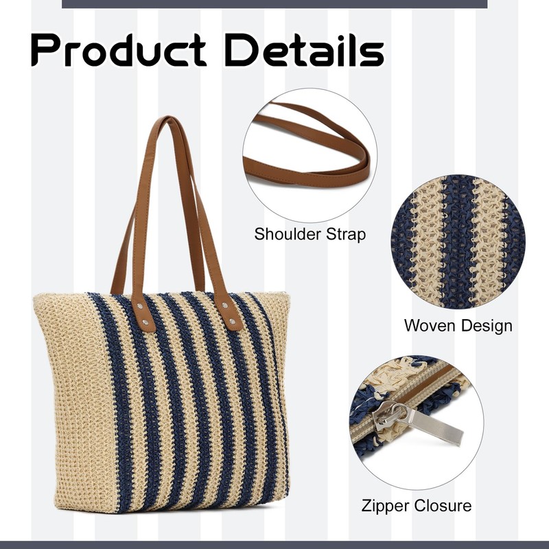 EVEOUT Women's Straw Shoulder Bags with Striped Summer Boho Large