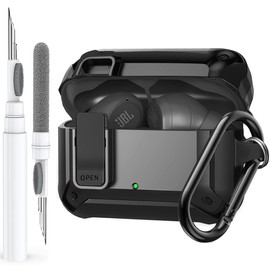 Compatible with JBL Vibe 200TWS/JBL Vibe Beam Case Cover Lock Clip with Cleaner Kit,Cool Protective Cover Men Women with Carabiner for JBL Vibe Beam 2 Charging Case - Black