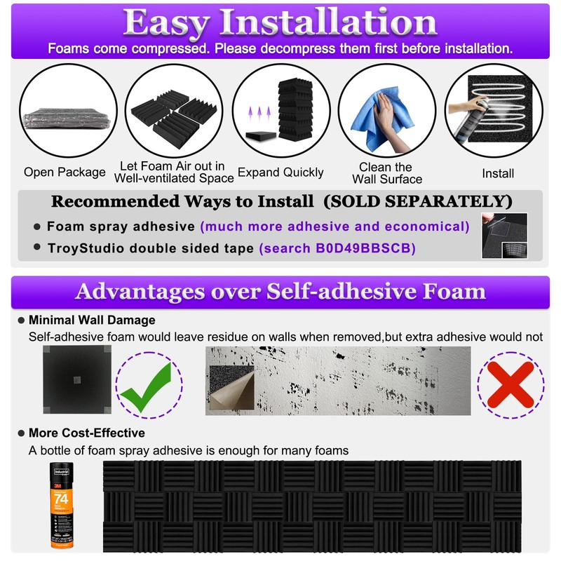 TroyStudio Thick Acoustic Foam Panels, 12 X 12 X 3
