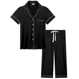 Amorbella Women Short Sleeve Pyjamas Set Soft Pajamas Button Down Pjs Lightweight Nightwear(Black, XL)