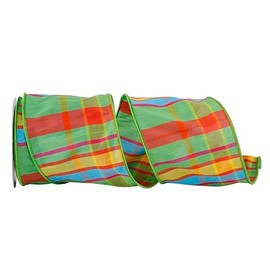 Reliant Ribbon Citrus Life Plaid Wired Edge Ribbon, 4 Inch X 10 Yards, Green