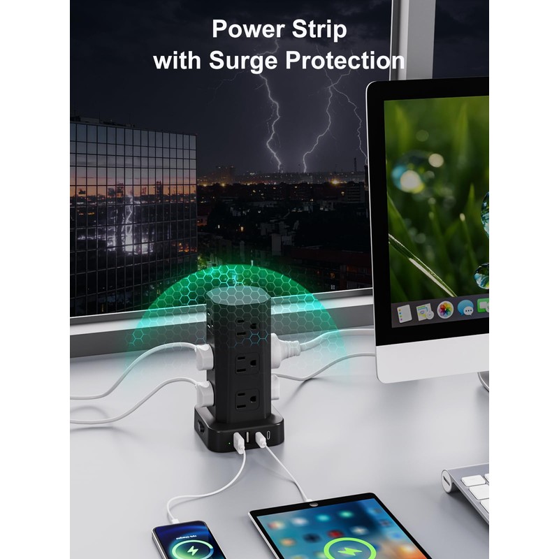 Power Strip Tower Surge Protector, 6FT Flat Plug Extension Cord
