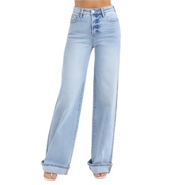 SALT TREE Risen Jeans - Tummy Control High Rise Wide Cuffed Jeans - RDP5975 Lightblue