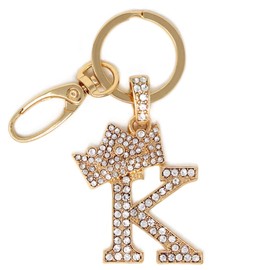 CBC Crown Crystal Rhinestone Letter Initial Keychain, Gold Metal, Bag Charm with Key Ring Approx. 1.25"x1.75" (GOLD-K)