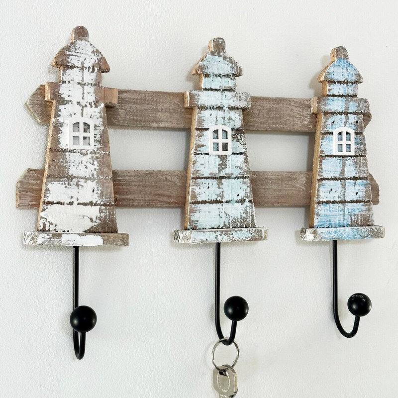 Darthome Rustic Lighthouse Wall Hooks 3 Wooden Hook Coat Keys