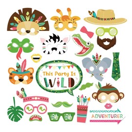 Kristin Paradise 25Pcs Safari Animals Photo Booth Props with Stick, Tribal Jungle Theme Selfie Props, Wild Birthday Party Supplies, Photography Backdrop Decorations