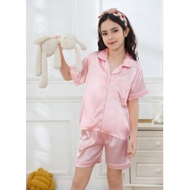 DIPUG Girls Pajamas Satin Pajama Set Silk Pjs Short Sleeve Sleepwear(Pink)