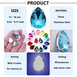 Teardrop Rhinestone 50 PCS 13x18 mm Flatback Rhinestones Sew on with Settings for Clothes Crafts Projects,Sapphire Blue