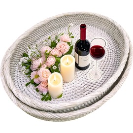 i-lan 2Packs Large Frosted White Oval Rattan Serving Trays Without Handles-16 and 17" Decorative White Washed Wicker Display Ottoman Serving Tray Set for Patio,Coffee Table and Entryway