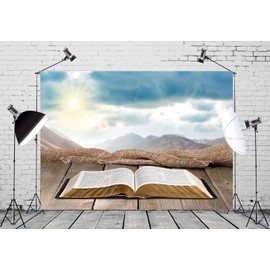 Loccor 8x6ft Fabric Holy Bible Backdrop Sunrise Mountain Sky View with Open Bible on Wooden Board Photography Background Easter Resurrection of Jesus Christ Backdrop Church Christian Display Supplies