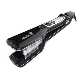 RZH - Alisador de pelo de vapor profesional, cepillo de titanio y cerámica plana, con tecnología antiestática y controles digitales, apto para todo...