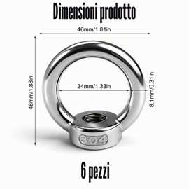 6 Pezzi Dado Ad Anello M12, Dado A Occhiello M12 in Acciaio Inox 304