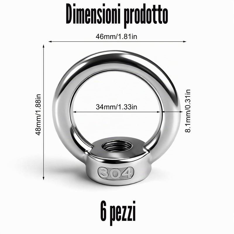 6 Pezzi Dado Ad Anello M12, Dado A Occhiello M12