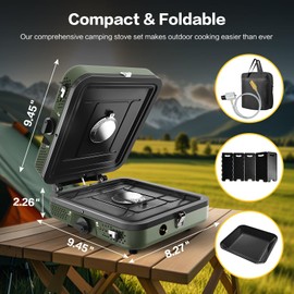 Camping Stove, 2 Burner Propane Stove With Grill,17,000 BTU Camp Stove, Foldable Camping Stove Propane Includes Carry Bag,Windscreen & Grill,Adjustable Burners & Piezo Ignition for Tailgating,BBQ,Camp