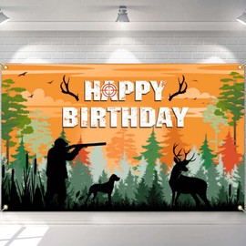 Mocsicka Hunting Birthday Backdrop: Camo Happy Birthday Party Decorations, Deer Hunting Theme, Polyester Fabric, Orange