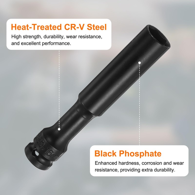 sourcing map Deep Thin Wall Impact Socket 16mm Metric 6