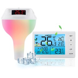 LZEXIN Wireless Floating Pool Thermometer, Digital Bath Thermometer with RGB Light, IP68 Solar Water Temperature Tester with Display Screen and Data Receiver for Swimming Pool Whirlpool Hot Tub(White)