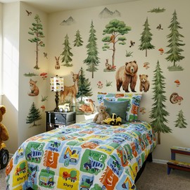 Jungle Pine Tree Wall Decals for Kids, Safari Theme Stickers with Giant Brown Bear Sika Deer, Baby Nursery Classroom Bedroom Wall Decor Murals Home Decor (Green)