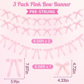 3Pcs Pre-Strung Pink Bow Garland Banner,Bow Party Decorations Ribbon Bow Garland Banner for Birthday Bachelorette, Bridal Showers, Satin Bow Decorations for Party Wedding Engagement (Light Pink)