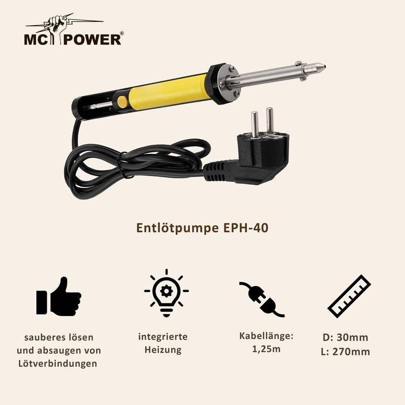 MC POWER Desoldering Pump with Heater, EPH-40, 230 V, 40