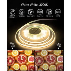 ALITOVE Warm White 3000 K COB LED Strip 12 V 5 m LED Strip Density 480 LED/M Flexible Light Not Waterproof IP30 8 mm Width 2400 LEDs for DIY Interior Decoration (without Power Supply and Dimmer)