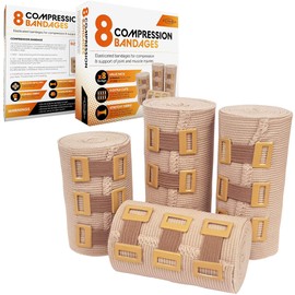JFA Medical Elastic Compression Bandage Wrap - 8 Pack + 8 Extra Clips (4 x 7.5cm x 4.5m & 4 x 10cm x 4.5m Rolls) - Wrist, Ankle, Hand Knee, Elbow, Shoulder, Feet Injuries