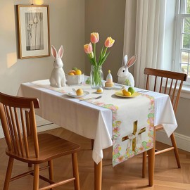 DUQGUHO Religious Easter Decorations Table Runner Cross Lily Decor 13*73 Inch Seasonal Linen Resurrection Decor for Home Party Table Dining Holiday