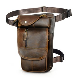 Handadsume Water Resistant Canvas + Leather Motorcycle Travel Fanny Waist Pack Drop Thigh Leg Bag Pouch For Men Women FB913-5, 100% Genuine Leather-X3112 Brown, Medium, Vintage Retro Stylish Street