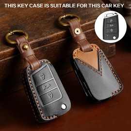 Genuine Leather Car Key Case Compatible with VW Golf 7 MK7 Polo T-ROC Tiguan Skoda Superb Octavia Seat Leon Ibiza 3 buttons Car Key Protective with Keychain