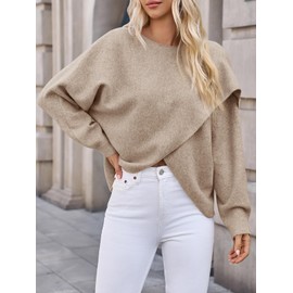Saodimallsu Womens Oversized Batwing Sweaters Long Sleeve Crew Neck Poncho Slouchy Knit Asymmetrical Pullover Tops Khaki