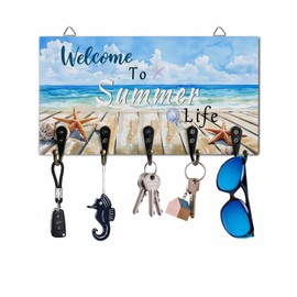 YOUNGKIDS Summer Beach Key Holder Wall Mounted Key Hooks for Wall Decorative, Keys Organizer Rack for Entryway, Front Door Kitchen Hallway Office, Watercolor Key Hanger with 5 Hooks, 9.4"x5"