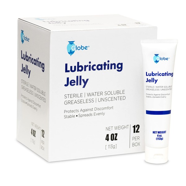 (12 Pack) Globe Lubricating Jelly, Sterile, Water Soluble, Latex-Free, Bacteriostatic, Unscented, Greaseless, for Medical Use, 4 oz Tubes