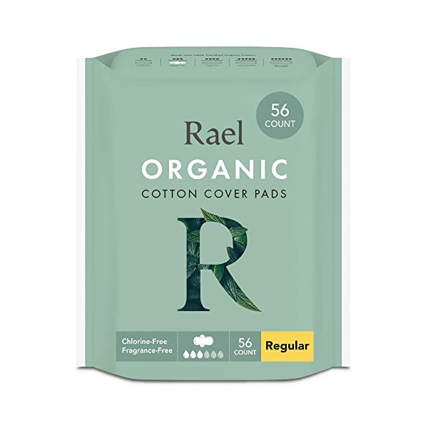 Rael Organic Cotton Cover Pads - Regular Absorbency, Unscented, Ultra Thin Pads with Wings for Women (Regular, 56 Total)