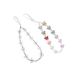 2PCS Colorful Butterfly Beaded Cell Phone Lanyard Strap Charms Handmade Imitation Pearl Wristlet Keychain Anti-Lost Mobile Phone Chain-White&Colorful