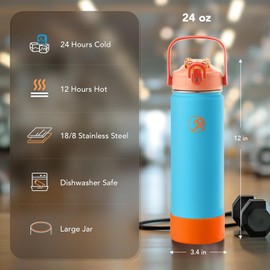 GOSWAG 24 oz Insulated Stainless Steel Water Bottle, Sports Water Bottle with Straw/No Straw Options, 2 Lids, Handle, Silicone Boot for School and Travel, Thermos with Double-Wall Vacuum Insulation