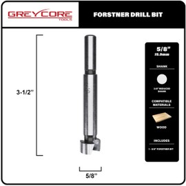 Greycore Tools 5/8 Inch x 3-1/2 Inch Forstner Drill Bit, High Speed Steel for Woodworking - Hardwood, Softwood and Plywood (5/8” Forstner)