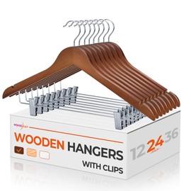 HOUSE DAY Wooden Hangers with Clips 24 Pack, Walnut Wooden Suit Hangers Skirt Hangers Solid Wood Pants Hangers Natural Smooth Finish Wood Hangers with Durable Metal Clips for Blouse, Dress, Coat