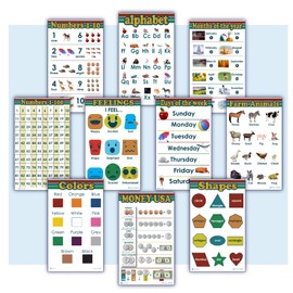 10 Educational Posters for kids Alphabet, Numbers 1-100, Days of week, Months, count 1-10, Money, shapes 2D 3D, Feelings, Farm Animals, Colors Young N Refined (Glossy Paper 13x18)