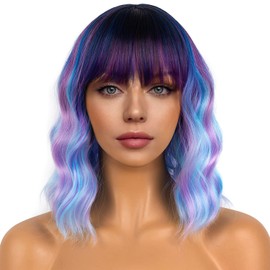 LANCAINI Colourful Short Bob Wigs with Bangs for Women Loose Wavy Wig Curly Wavy Shoulder Length Bob Synthetic Cosplay Wig for Girl Colorful Costume Wigs (Colourful-1)