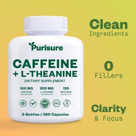 Purisure Caffeine Theanine Capsules Pills 100mg Caffeine + 200mg L Theanine for Pre Workout Energy, and Clarity Energy Pills for Fatigue, Nootropic Supplement, 120 Day Supply, Pack of 3