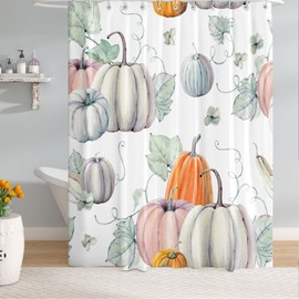 BIVINAR Fall Pumpkin Shower Curtain, Watercolor Autumn Pumpkin Happy Thanksgiving Harvest Fabric Bathroom Shower Curtain with 12 Hooks, 72x72 Inch