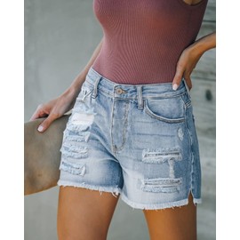 Angerella Denim Shorts for Women Casual Mid Waist Cutoff Frayed Hem Stretchy Jean Shorts Light Blue S