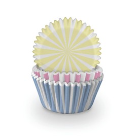 Anniversary House Pack of 75 Stripe Cupcake Cases for Spring Baking, Baking Cups in Heavy Duty Greaseproof Paper, Pink, Yellow and Blue, J245, 12 cm x 12 cm x 12 cm