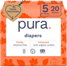 Pura Size 5 Eco-Friendly Diapers (24-35lbs) Totally Chlorine Free (TCF) Hypoallergenic, Soft Organic Cotton, Sustainable Comfort, 12 Hours Leak Protection, Allergy UK,1 Pack of 20 Diapers