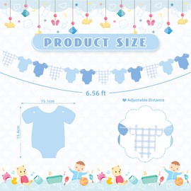 Weysat 2 Pcs Baby Clothes Banner Gender Reveal Decorations Girls Boys Baby Shower Banner Decorations Gingham Short Sleeve Bodysuits Clothesline Garland Birthday Party Outfit Paper Decor(Blue)